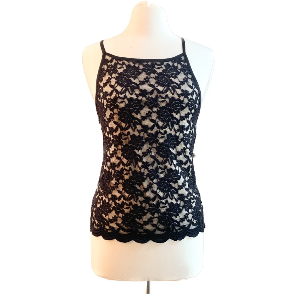 Black High Neck Sheer Lace Tank Top
